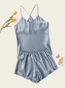 Dusty Blue Satin Cami Top With Shorts PJ Set
