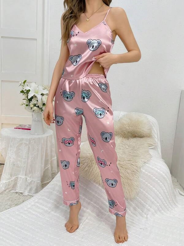 Silk-like Cartoon Koala Print Cami Top And Long Pants Pajamas