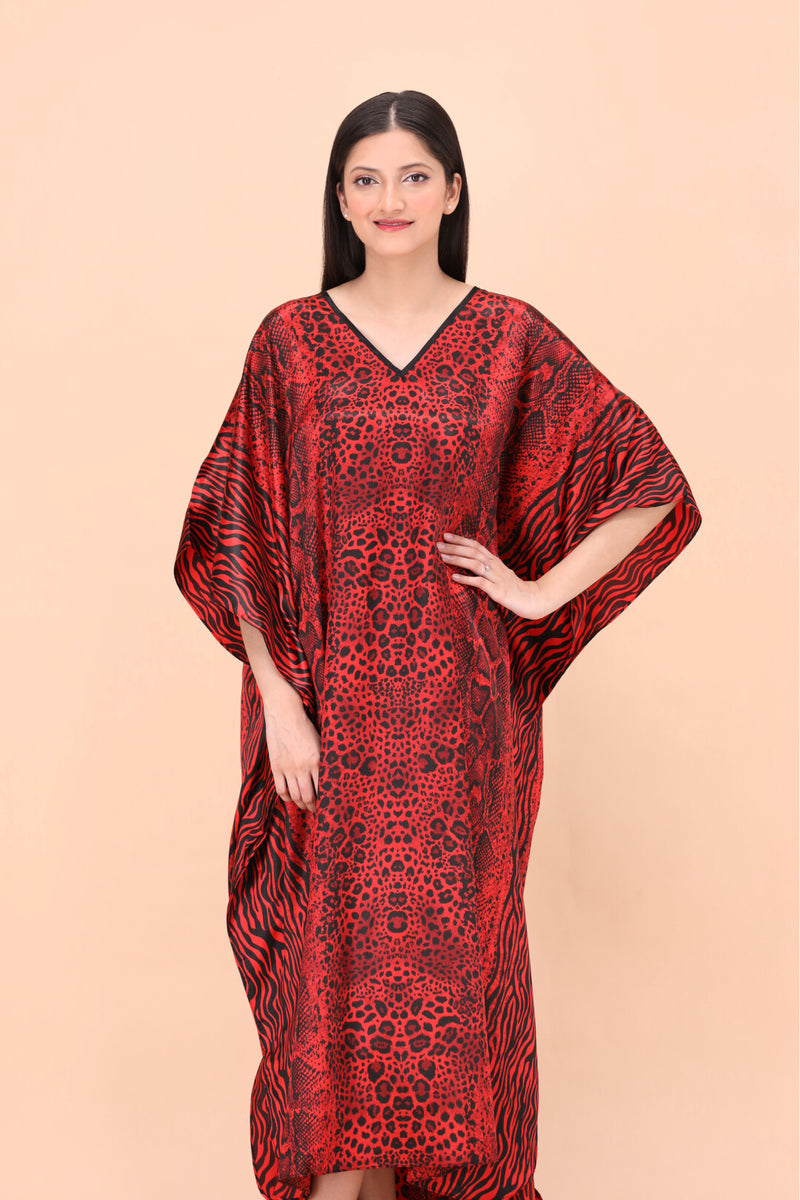 Cherry Red Silky Kaftan In Black Dotted Prints