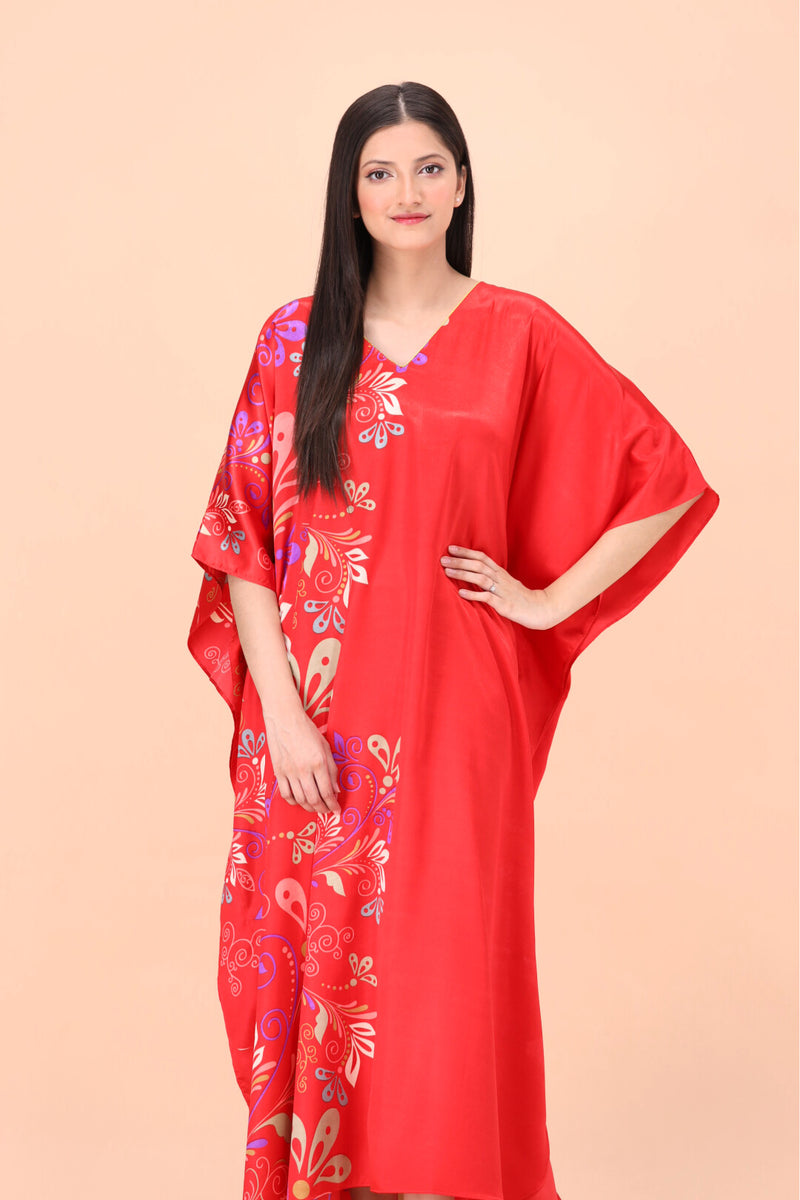 Floral Side Plain Classy Red Silk Kaftan