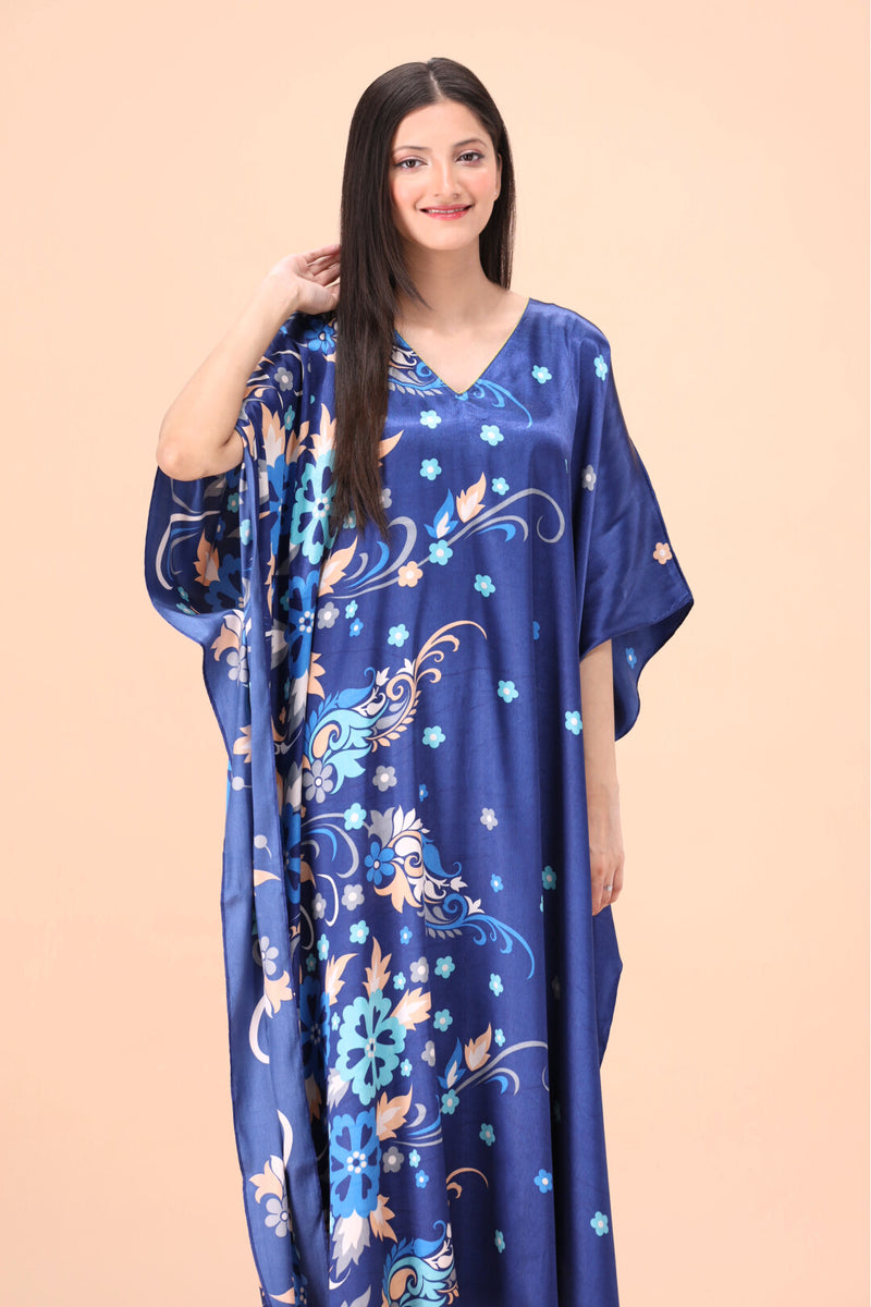 Silky Blue Floral Sides Printed Kaftan Dress