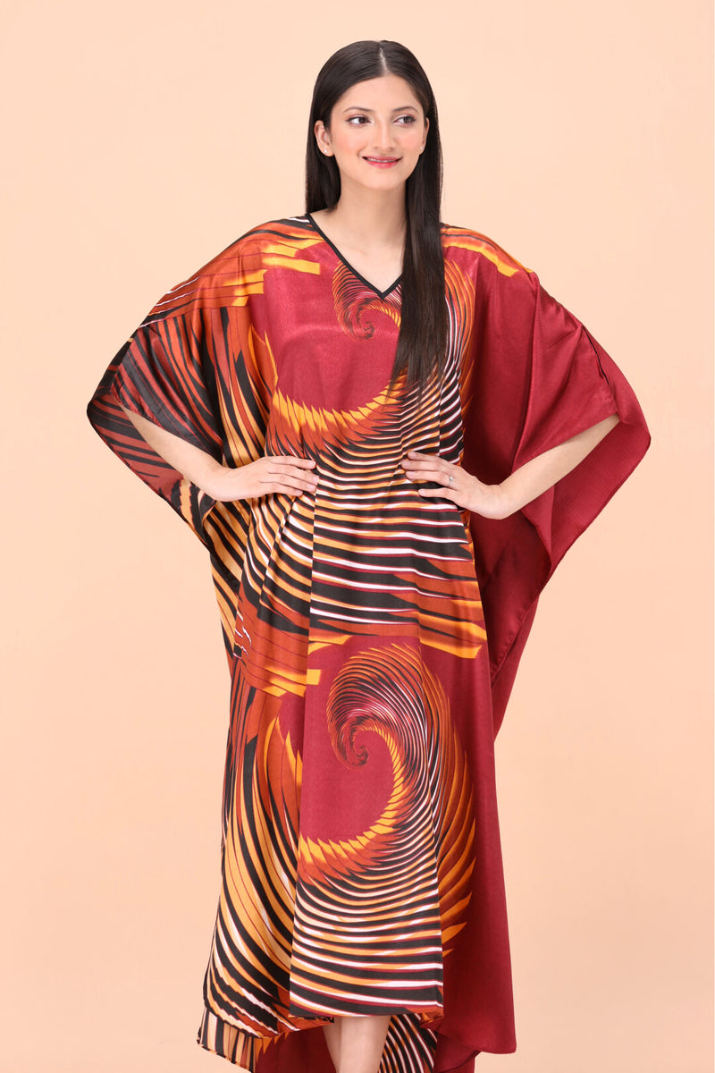 Red Wave Texture Printed Silk Kaftan Dress