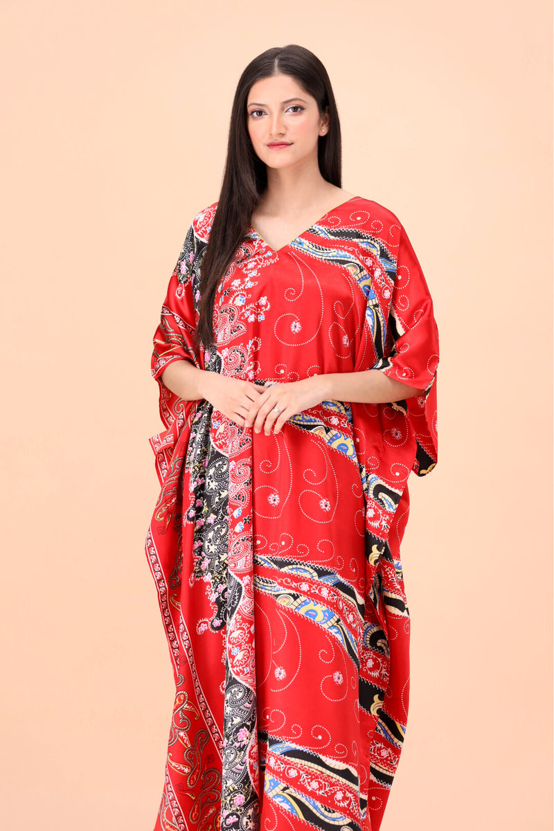 Red Silk Dream Vibrant Printing Kaftan Dress
