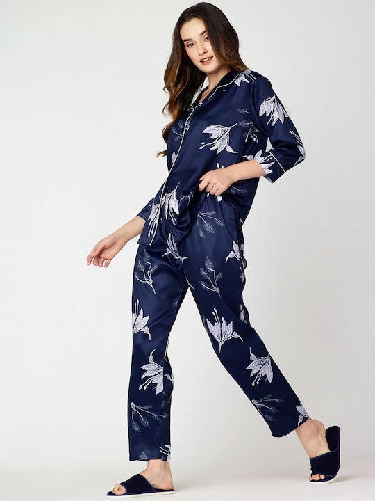 Women Printed Floral Lapel Collar Night suit Butter Silk pajama Set
