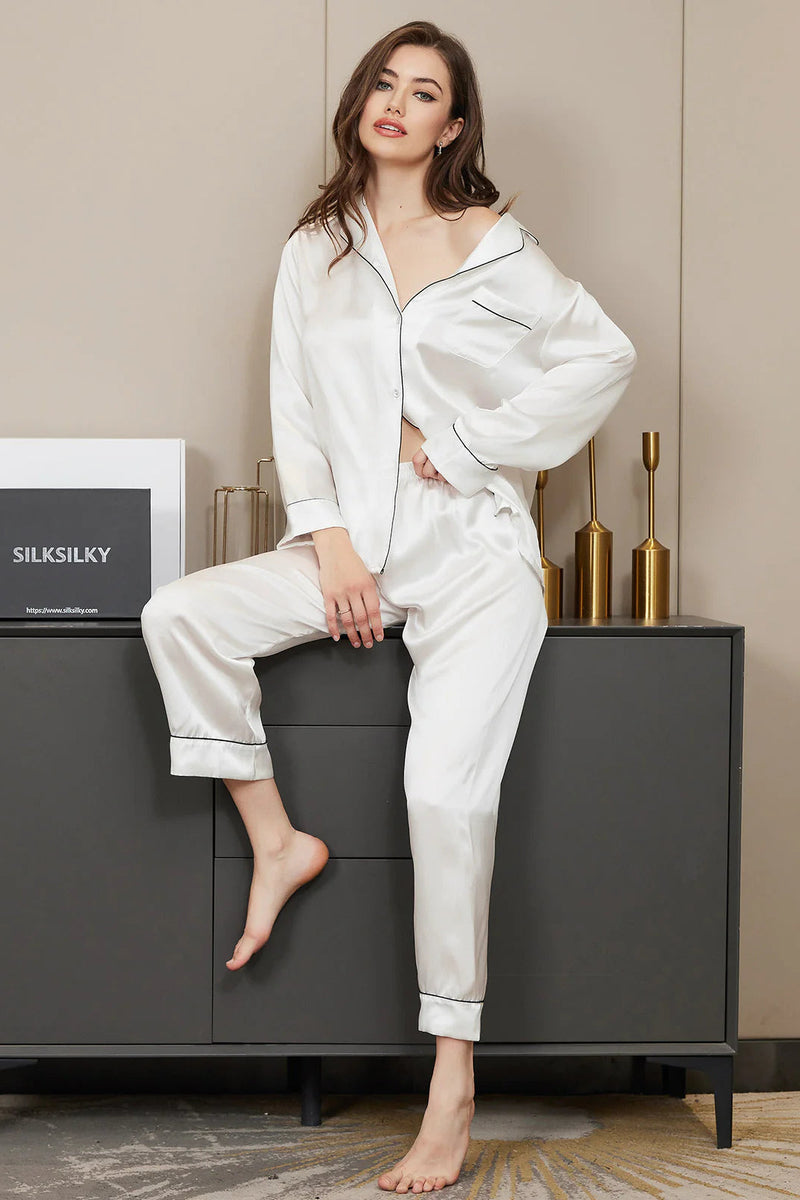 Pearl White Contrast Pipping Satin Silk Pajama Set