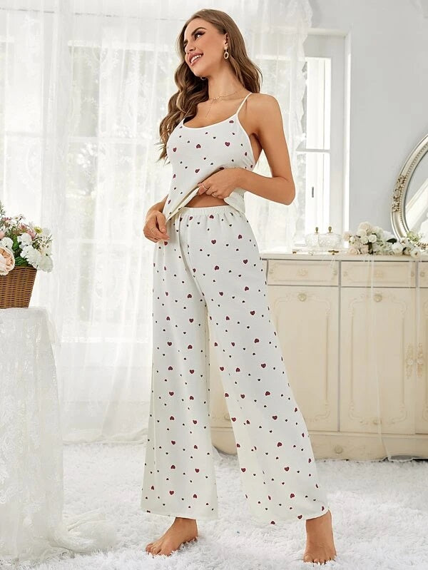 Silk-like Heart Print Cami Top And Long Pants Pajamas Set